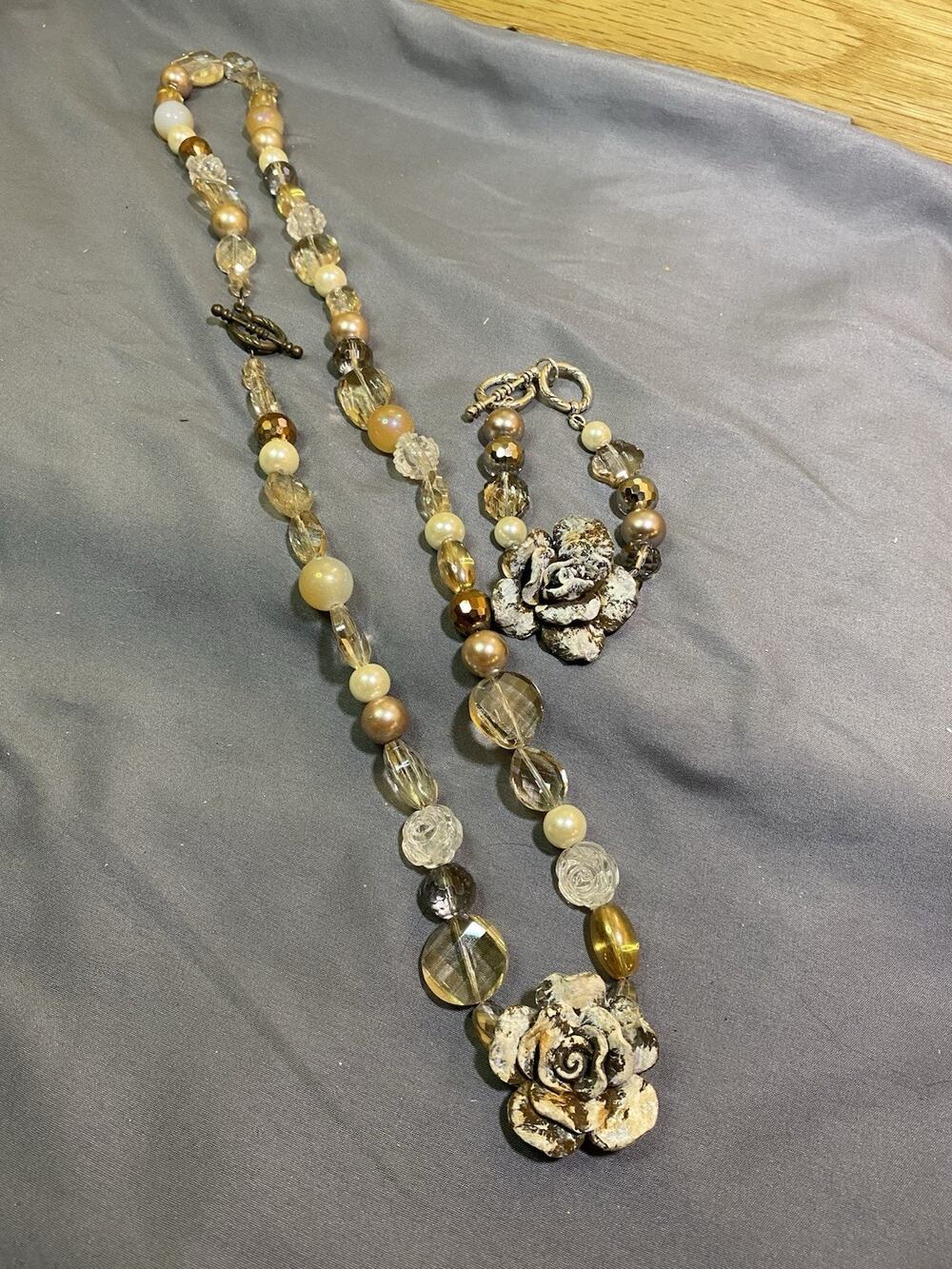 Unique Handcrafted Beaded Boho Necklace & Bracelet With Charms And Flower Accent